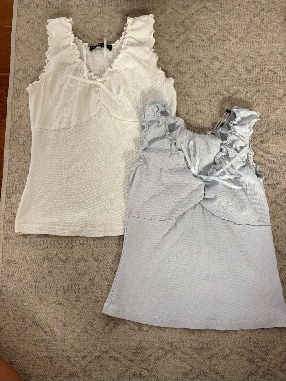 Brandy Melville White and Light Blue Ruffle Tie-Front Camisoles
